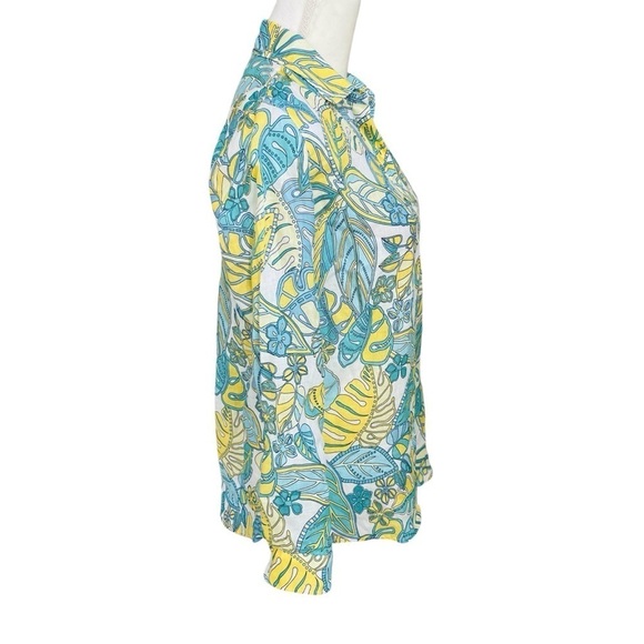J McLaughlin Women’s Linen Shirt Aqua Yellow Tropical Print Button Down NWT $188 - Picture 10 of 15